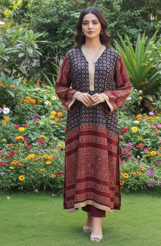Stitched Kurta Organic Dyed Hand Block Printed Ajrak Design Dress – Linen with Gotta Patti