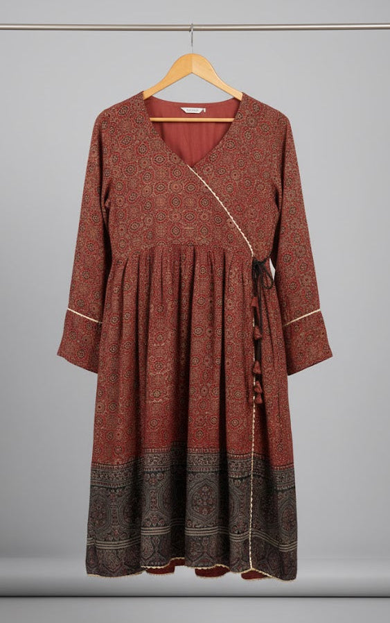 Stitched Angrakha Organic Dyed Hand Block Printed Ajrak Dress – Lawn Fabric