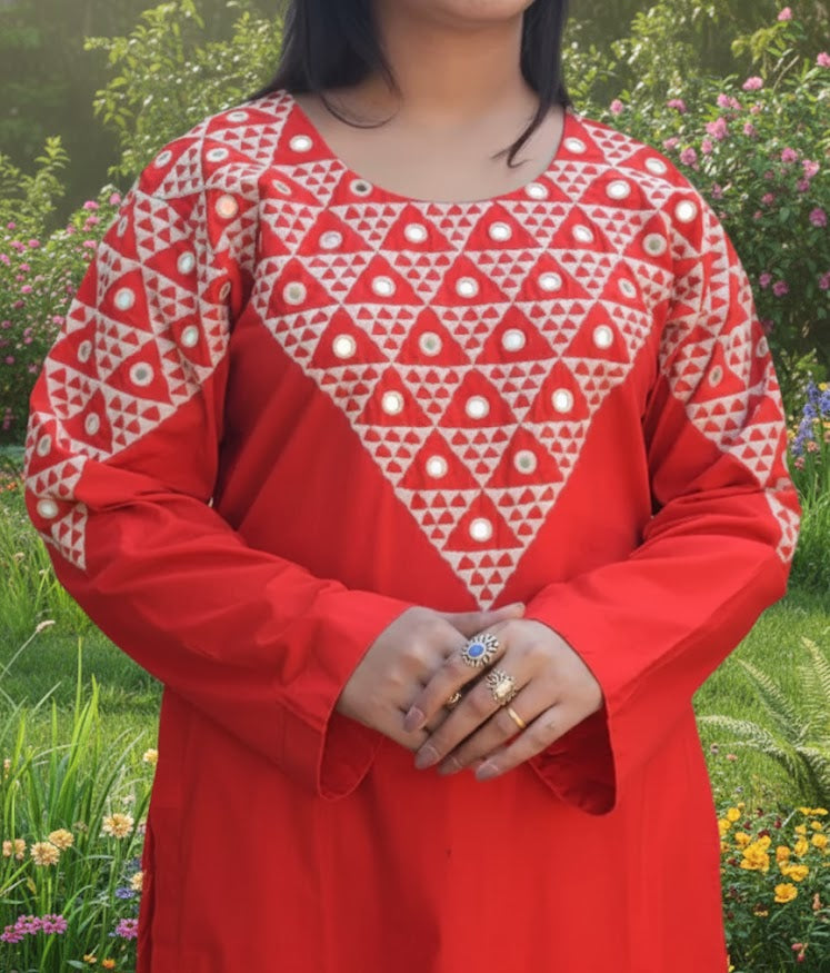 Mirror Hand Embroidered Red Two-Piece Dress – Stitched Kurta & Trouser in Lawn Cotton