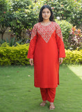 Mirror Hand Embroidered Red Two-Piece Dress – Stitched Kurta & Trouser in Lawn Cotton