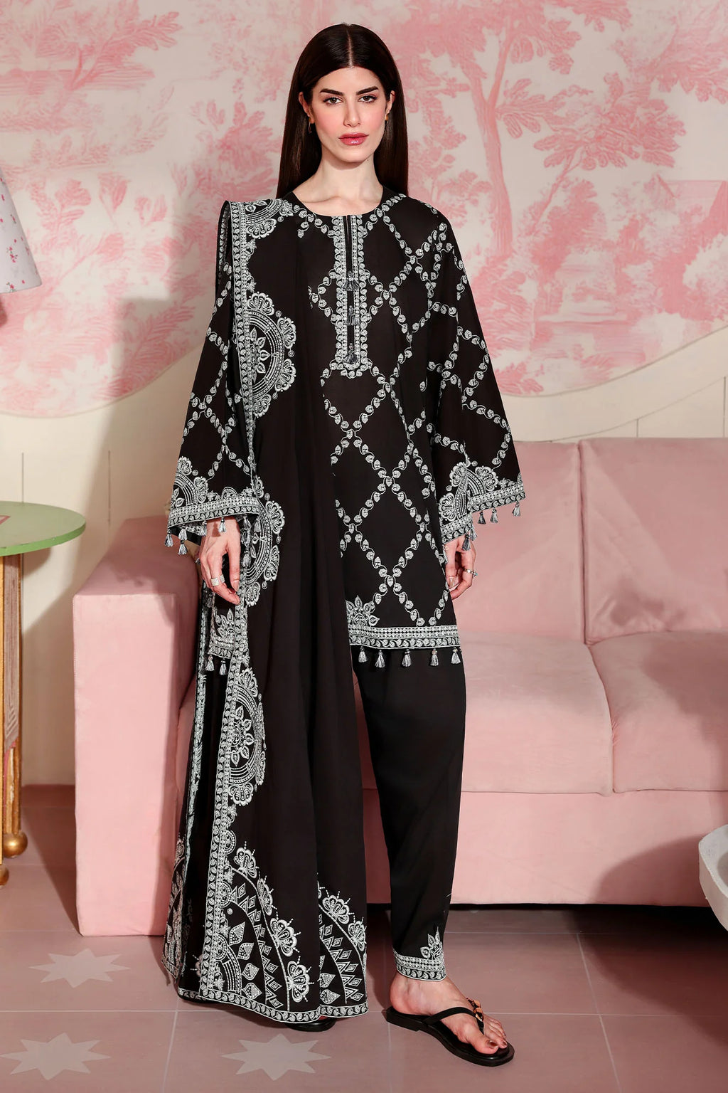 CHARCOAL CHARM-3PC EMBROIDERED LAWN SUIT-STITCHED