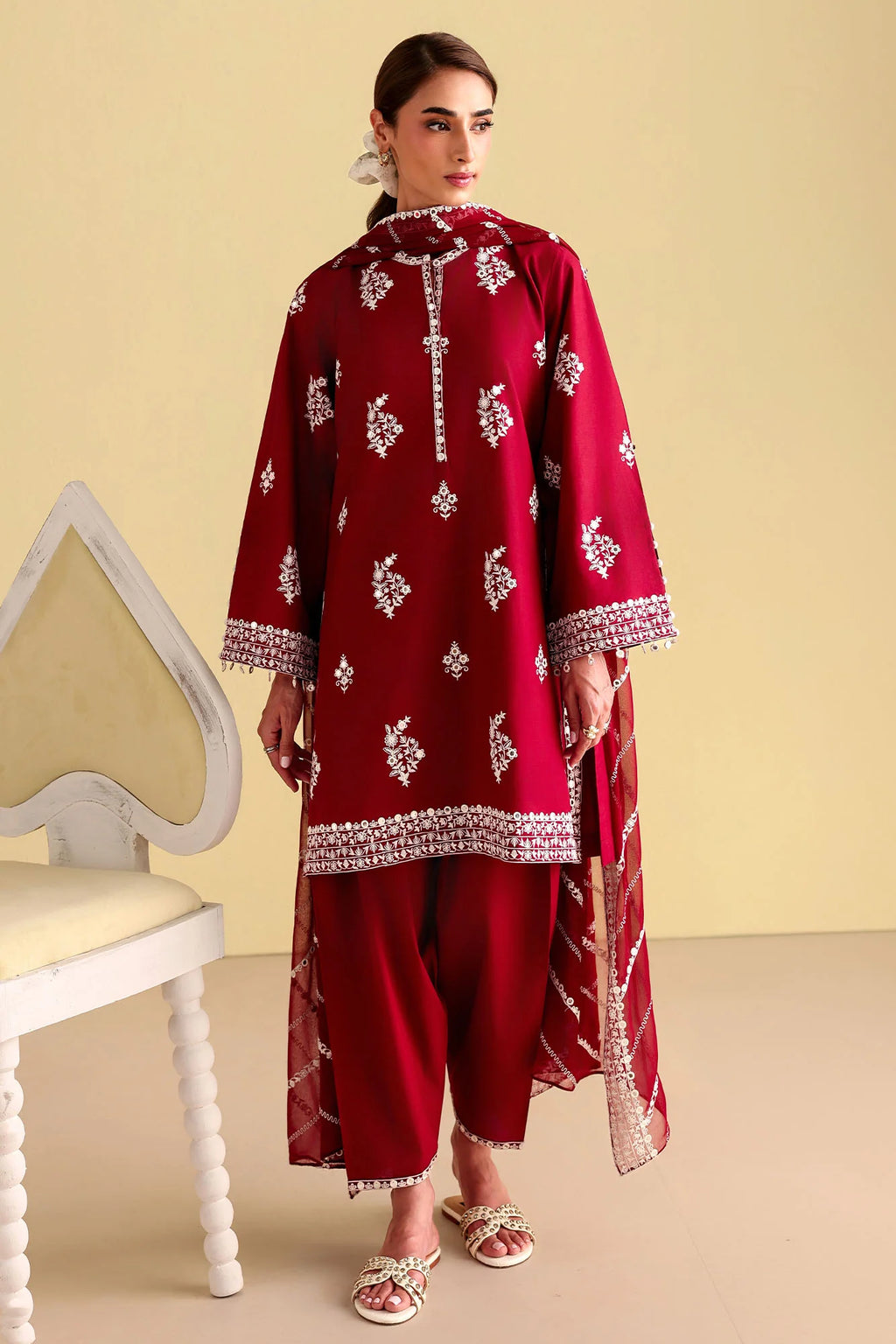 ROYAL GARNET-3PC EMBROIDERED LAWN SUIT - STITCHED