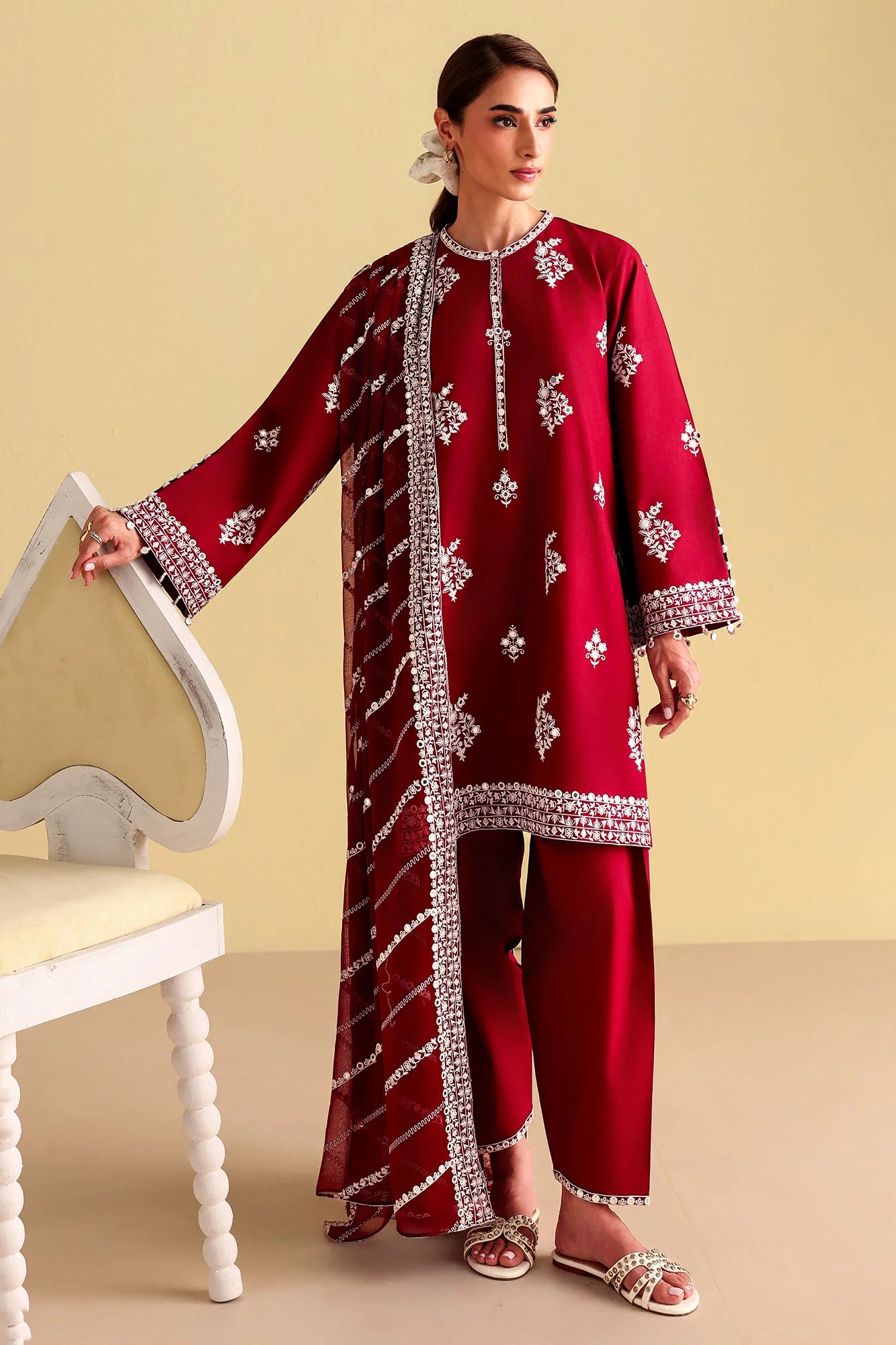 ROYAL GARNET-3PC EMBROIDERED LAWN SUIT - STITCHED