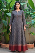 Traditional Ajrak Black Taskeen Fabric Styled as Long Frock - Maroon Border Hand Block Printed Lawn - Shopping Karado