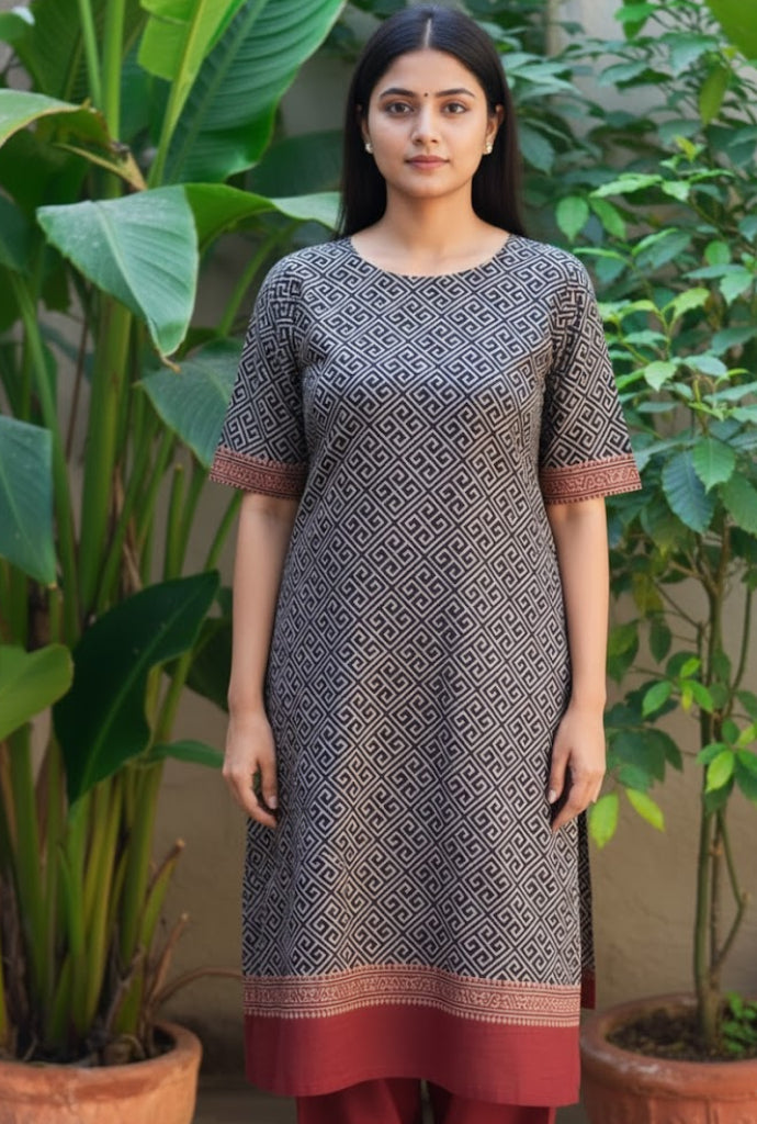 Ajrak Black Taskeen Unstitched Shirt Piece - Hand Block Printed Lawn Fabric for Women Kurta - Shopping Karado