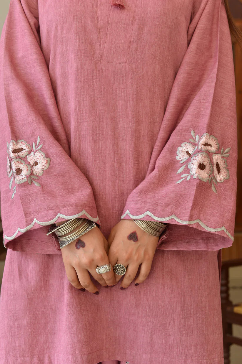 Close-up of Blush Pink Textured Irish Fabric on Short Kurta - Summer Collection - Shopping Karado