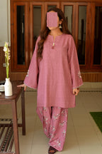 Blossom Blush Pink Textured Irish Short Kurta with Printed Farshi Shalwar - Stitched Summer Wear - Shopping Karado