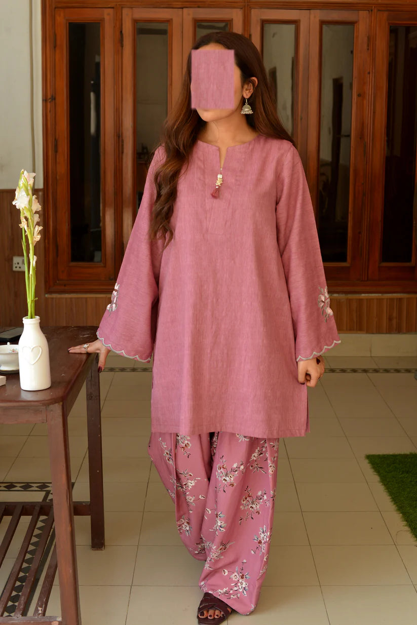 Blossom Blush Pink Textured Irish Short Kurta with Printed Farshi Shalwar - Stitched Summer Wear - Shopping Karado