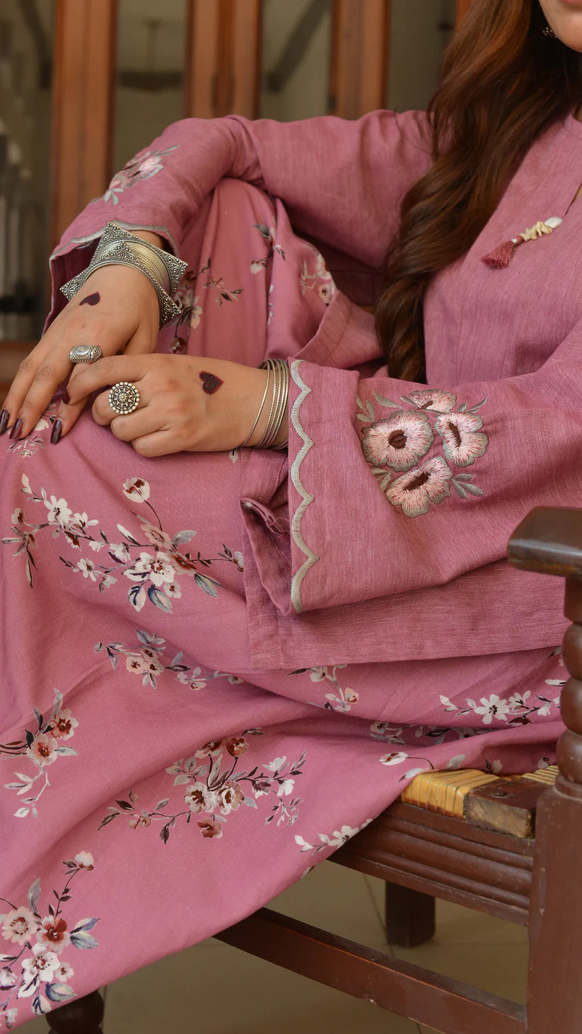 Printed Farshi Shalwar Detail in Irish Fabric for Blossom Blush Pink Set - Shopping Karado