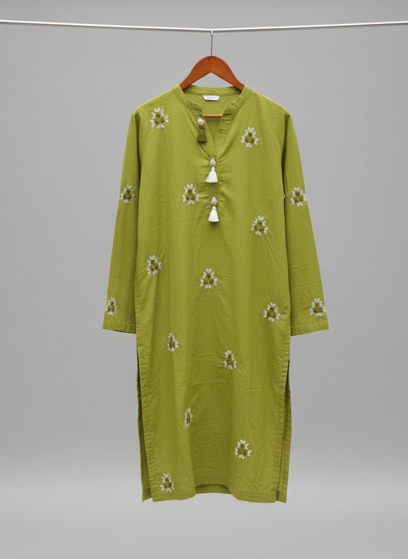 Lime Green Stitched Hand Embroidered Kurti – Cotton Jacquard
