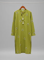 Lime Green Stitched Hand Embroidered Kurti – Cotton Jacquard