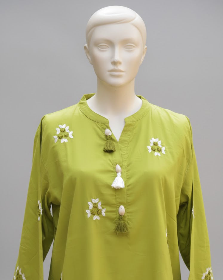 Lime Green Stitched Hand Embroidered Kurti – Cotton Jacquard