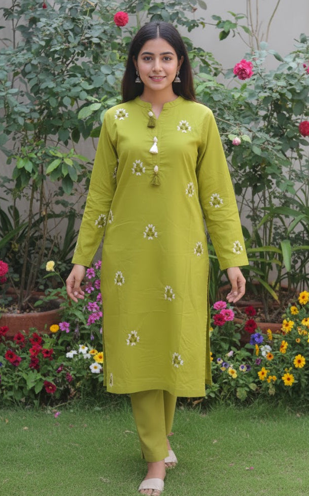 Lime Green Stitched Hand Embroidered Kurti – Cotton Jacquard