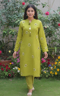 Lime Green Stitched Hand Embroidered Kurti – Cotton Jacquard