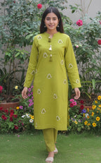 Lime Green Stitched Hand Embroidered Kurti – Cotton Jacquard