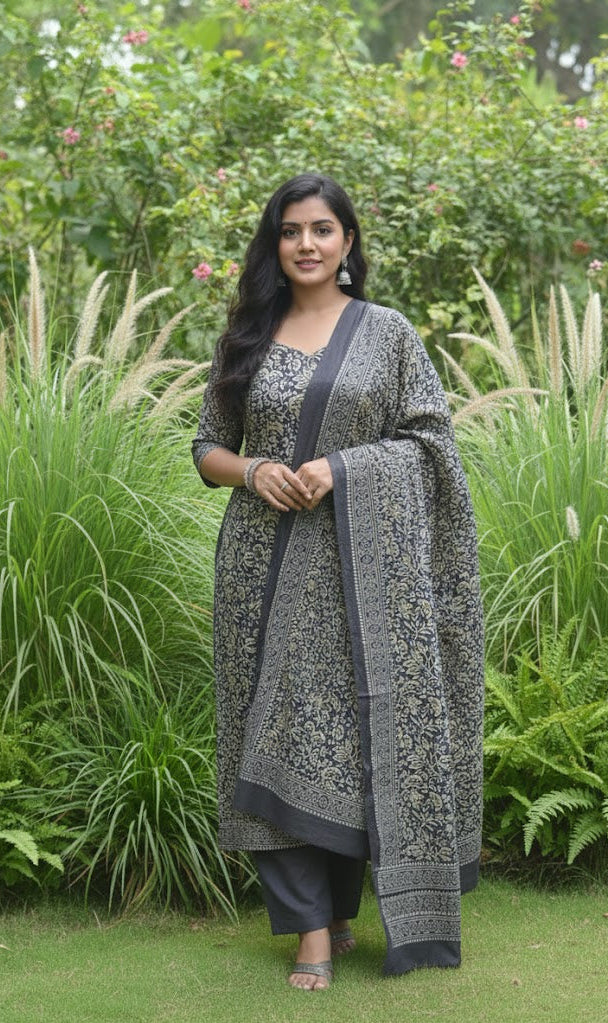 Grey Floral Print Ajrak Two Piece Dress - Organic Dye Cotton Unstitched Shirt and Dupatta - Traditional Hand Block Printed Suit - Shopping Karado