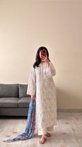 Ice Blue Chicken Kari Crepe Long Kurta with Cullote Pants and Pink Tie & Dye Dupatta - 3PC Set - Shopping Karado