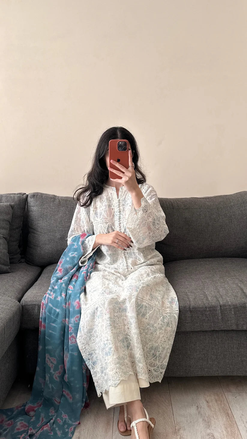 Elegant Ice Blue and Pink 3PC Embroidered Suit for Mid-Season and Fall - Shopping Karado