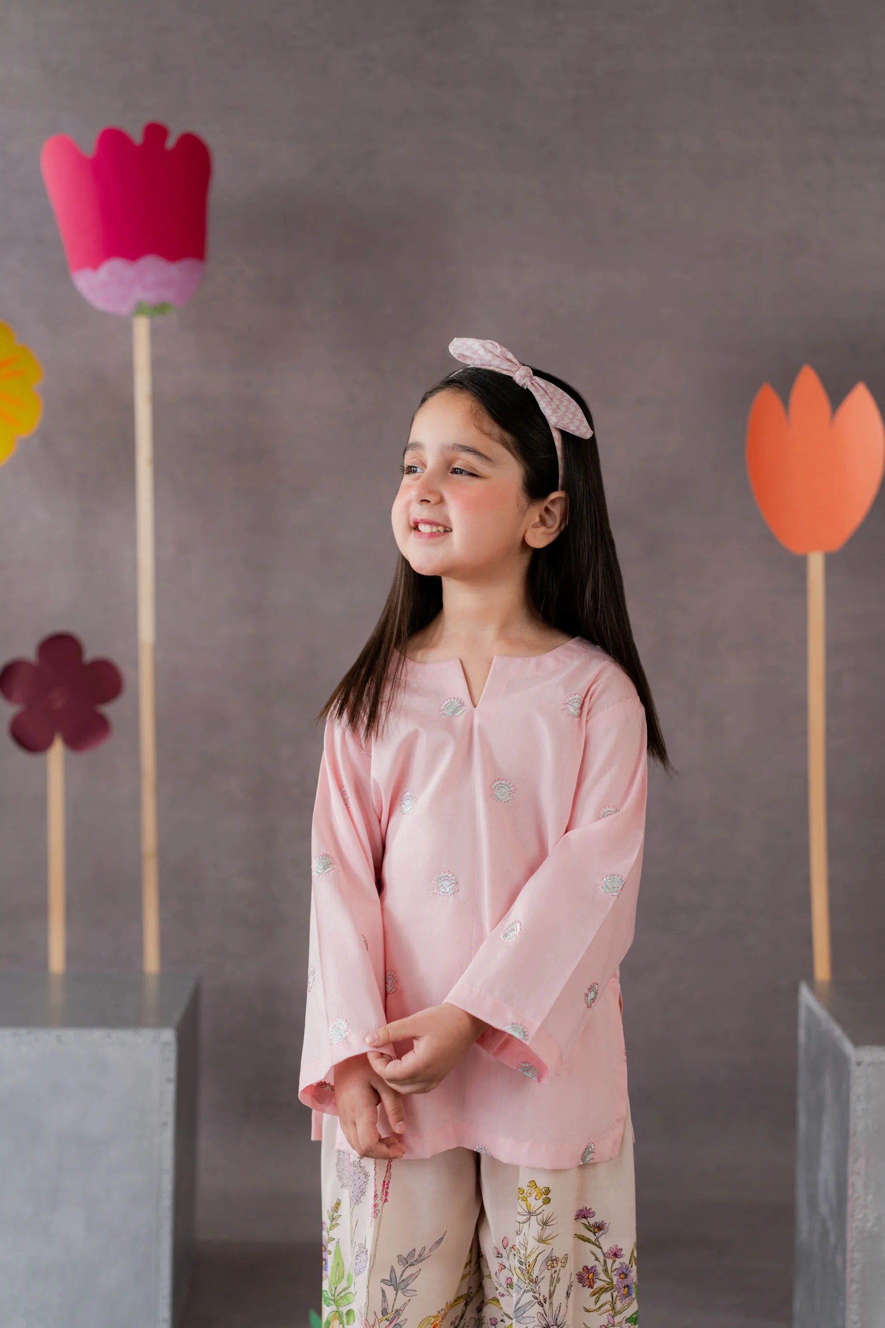 Girls Embroidered Lawn Co-Ord Set – Pink Floral Printed Trouser | Summer Collection (0 Months–14 Years)