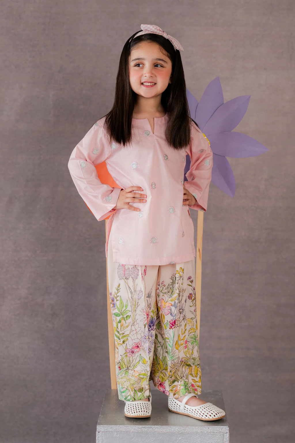 Girls Embroidered Lawn Co-Ord Set – Pink Floral Printed Trouser | Summer Collection (0 Months–14 Years)