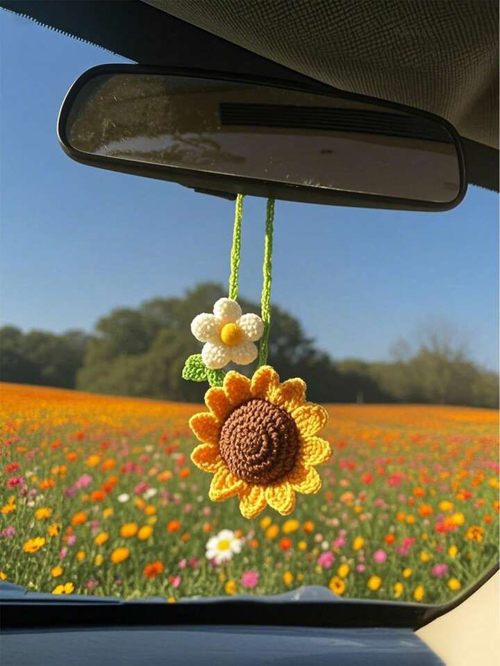 kashmiri-handmade-crochet-sunflower-daisy-car-mirror-hanging-yellow-white-pakistan