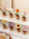 Collection of 9 different Kashmiri handmade crochet flower pots including roses, daisies, and lavender.