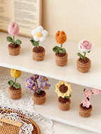 Collection of 9 different Kashmiri handmade crochet flower pots including roses, daisies, and lavender.