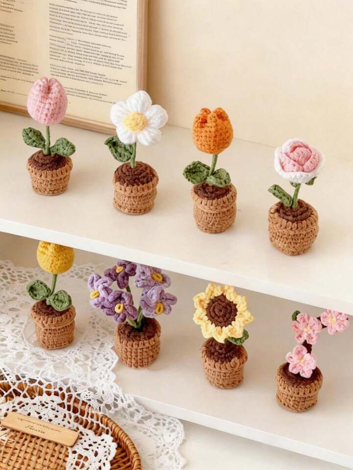 Collection of 9 different Kashmiri handmade crochet flower pots including roses, daisies, and lavender.