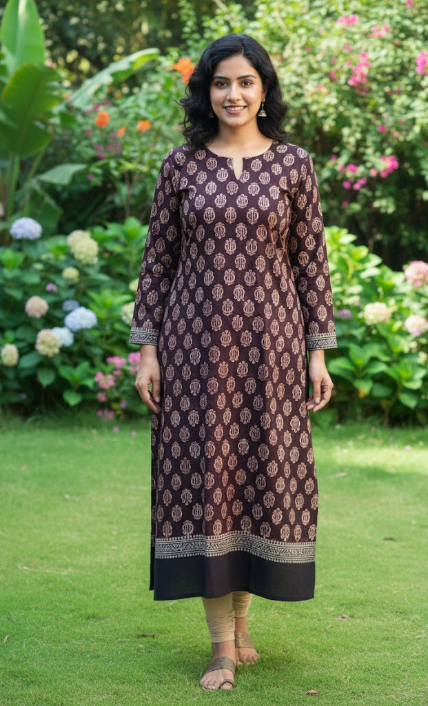 Maroon Ajrak Floral Kurti Fabric - Hand Block Printed Cotton Unstitched Dress Material (2.5m) - Shopping Karado