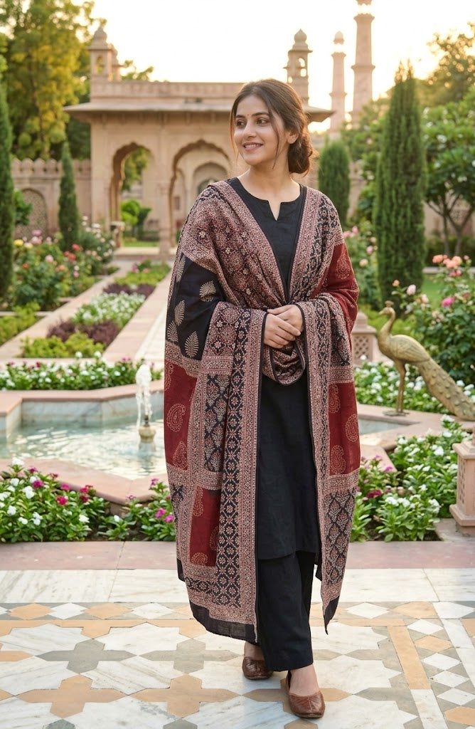 Multi Blocks Design Ajrak Chaadar Without Studs - Plain Organic Dye Hand Block Printed Cotton Chadar - Traditional Sindhi Shawl - Shopping Karado