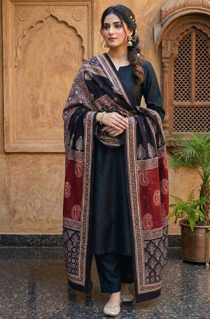 Organic Dye Multi Blocks Ajrak Chaadar with Studs and Sitara Work - Hand Block Printed Cotton Shawl - Shopping Karado
