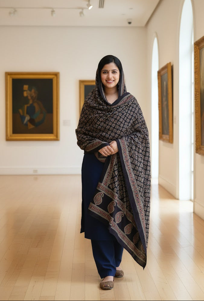 Organic Dye Black Ajrak Floral Odhni - Hand Block Printed Lawn Dupatta - Traditional Sindhi Style Floral Shawl - Shopping Karado