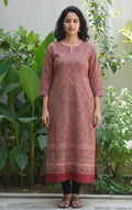 Red Ajrak Hand Block Printed Kurti Fabric - Traditional Unstitched Lawn Dress Material for Women - Shopping Karado