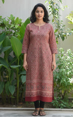 Red Ajrak Hand Block Printed Kurti Fabric - Traditional Unstitched Lawn Dress Material for Women - Shopping Karado