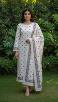 Red Heart Design Hand Block Printed Two-Piece Dress - White Cotton Unstitched Shirt and Dupatta - Traditional Ajrak Style Ethnic Wear - Shopping Karado