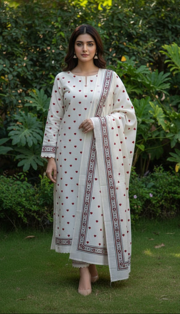 Red Heart Design Hand Block Printed Two-Piece Dress - White Cotton Unstitched Shirt and Dupatta - Traditional Ajrak Style Ethnic Wear - Shopping Karado