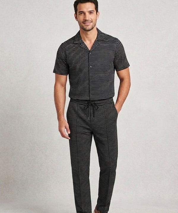 Men’S Pinstripe Drawstring Baggy Trousers- Lwr-0688 Black Stripe - Black - View 2