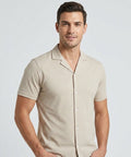 Men’s Pinstripe Drawstring Half Sleeves Shirt– Relaxed Fit - SHC-3067 Beige stripe - Beige - View 1