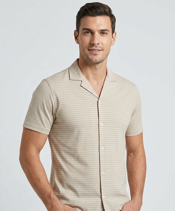 Men’s Pinstripe Drawstring Half Sleeves Shirt– Relaxed Fit - SHC-3067 Beige stripe - Beige - View 1