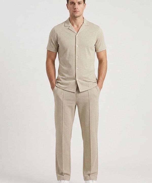 Men’S Pinstripe Drawstring Baggy Trousers- Lwr-0688 Beige Stripe - Beige - View 2