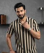 Men's Casual Shirt Half Sleeves - SHC-3069 Beige Stripe ( ORG ) - Beige - View 1