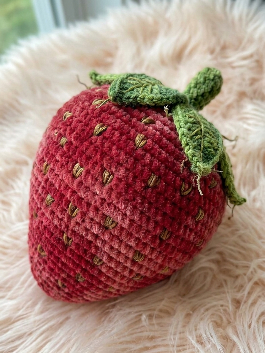 A large pink Kashmiri handmade crochet strawberry plushy with green leaves.