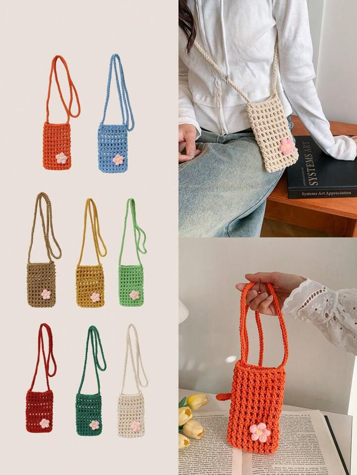 A collection of 8 different colored Kashmiri handmade crochet mobile sling bags with a floral design.
