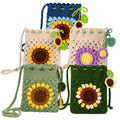 Five different colored Kashmiri handmade crochet sling bags with large sunflower designs including blue, beige, and green.