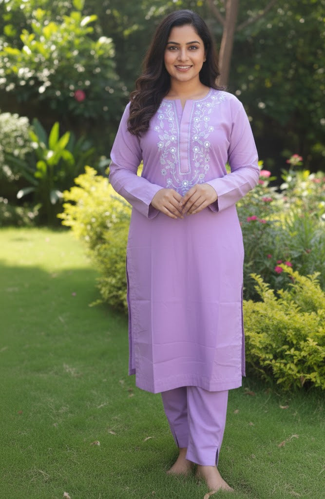 Hand Embroidered Purple Two-Piece Dress – Mirror Work Neckline in Soft Lawn