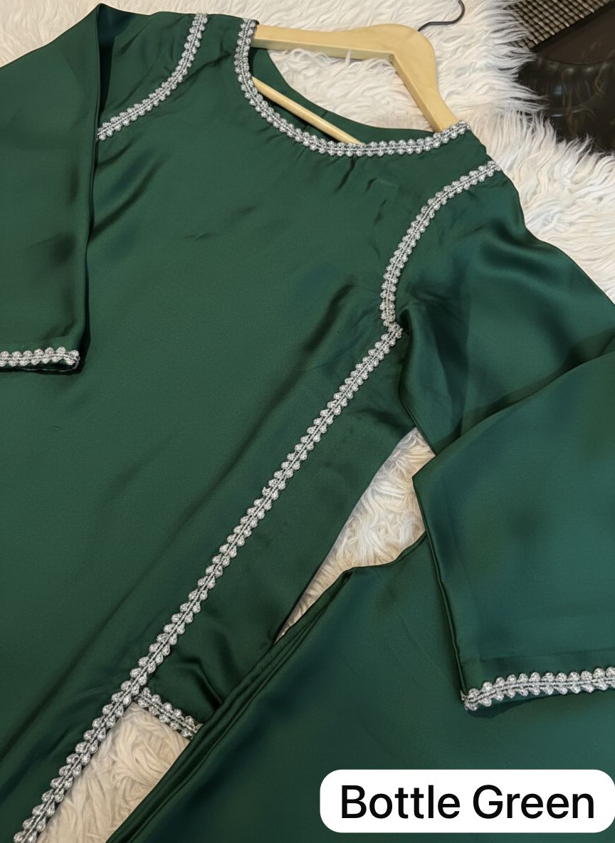 Zarmish Luxury Bottle Green Shamoz Silk 2PC Suit with Crystal Stone Lace