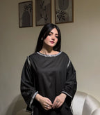 Zarmish Jet Black Shamoz Silk 2PC close-up view Suit with Crystal Stone Lace on Front and Back