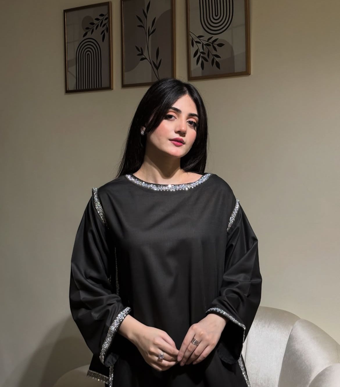 Zarmish Jet Black Shamoz Silk 2PC Suit with Crystal Stone Lace on Front and Back-1