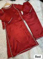 Zarmish Maroon (Dark Red) Shamoz Silk 2PC Suit with Crystal Stone Lace work - Front View