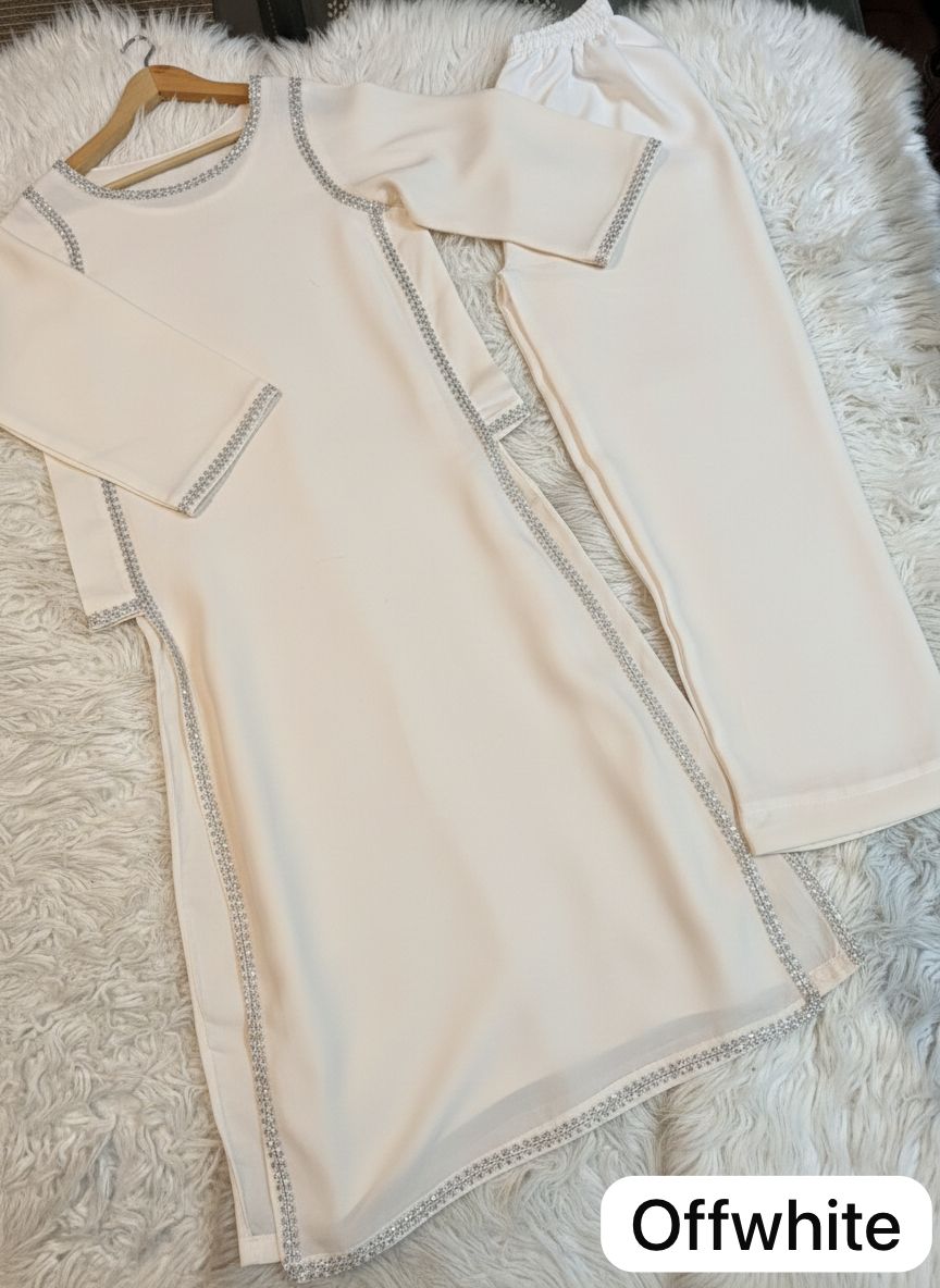 Zarmish Off-White Shamoz Silk 2PC Luxury Suit with Crystal Stone Lace Work
